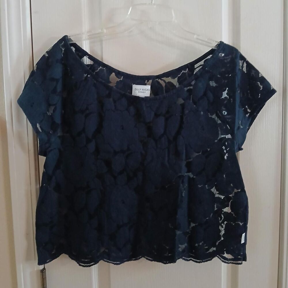 Gilly Hicks Sydney Navy Blue Sheer Floral Lace Blouse Top L Boho Coquette Indie